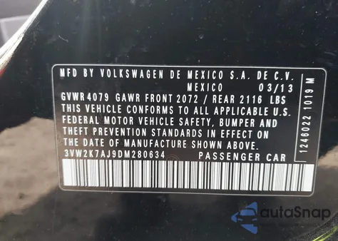 2013 Volkswagen Jetta 2.0L S из США, поврежденный, VIN 3VW2K7AJ9DM280634